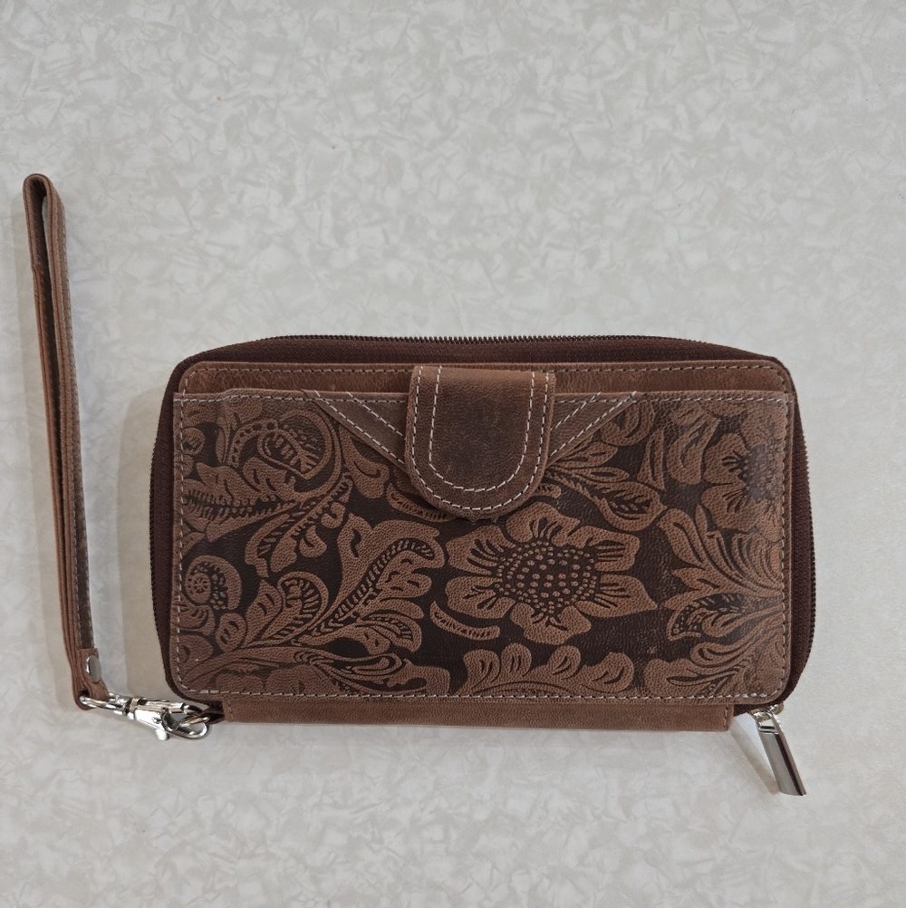 Genuine Leather Brown Floral Women's Wristlet